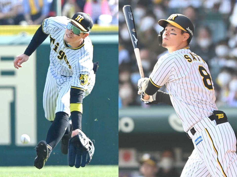 ２回、佐藤輝は上本の打球にチャージするも及ばず（左）４回、左越えに本塁打を放つ