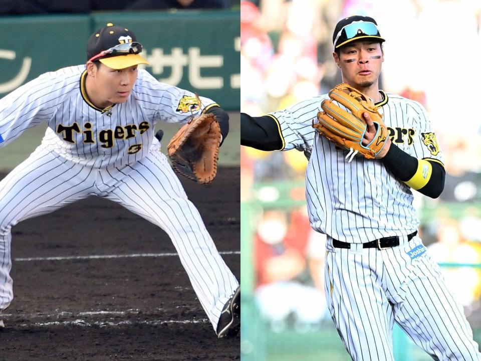 　一塁を守った大山（左）と三塁を守った佐藤輝＝９日