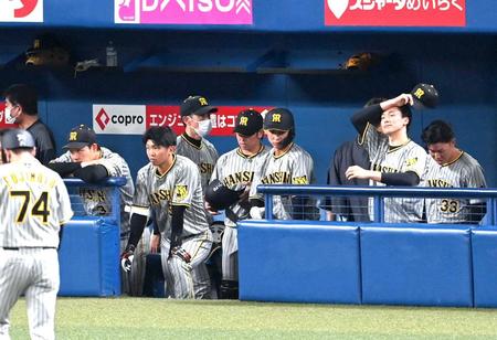 　敗戦を見届け、足早にベンチを後にするマスク姿の矢野監督（撮影・飯室逸平）