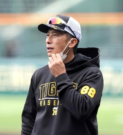 練習を見守る矢野監督（撮影・山口登）