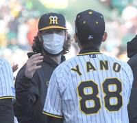 　来日初勝利を挙げ、矢野監督（手前）とタッチを交わすウィルカーソン（撮影・高部洋祐）