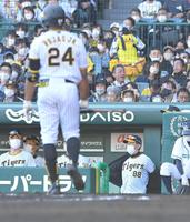 　８回、ロハス（手前）が三振に倒れ、厳しい表情で選手交代に向かう矢野監督（88）＝影・高部洋祐