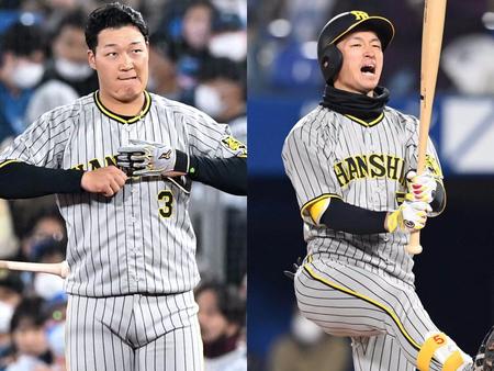 　６回、佐藤輝が出塁した後、三振に倒れた近本（右）と併殺に終わった大山（撮影・飯室逸平）