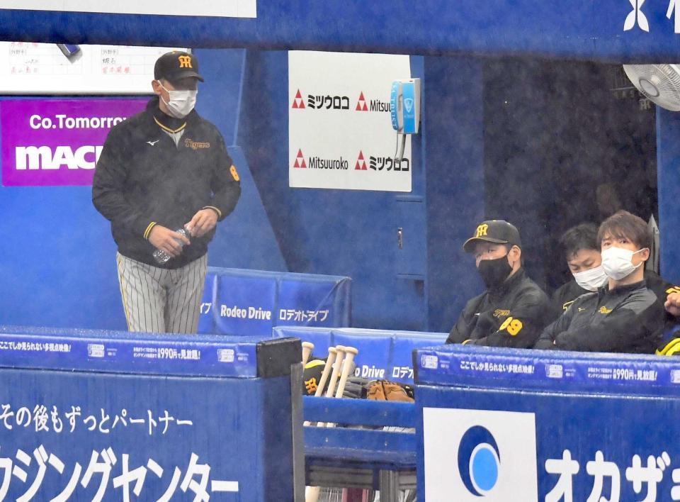　降雨コールド負けで４連敗となり、引き揚げる矢野監督（左）＝撮影・西岡正