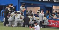 　円陣を組む阪神ナイン（撮影・佐々木彰尚）