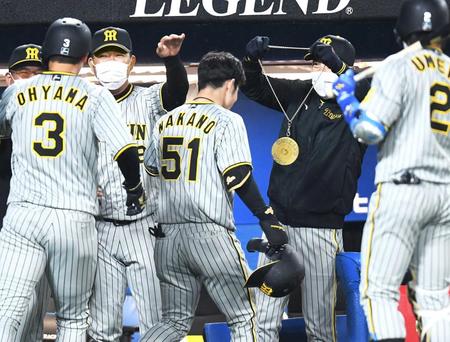 　１回、右越え２ランを放った中野にメダルをかける矢野監督（撮影・金田祐二）