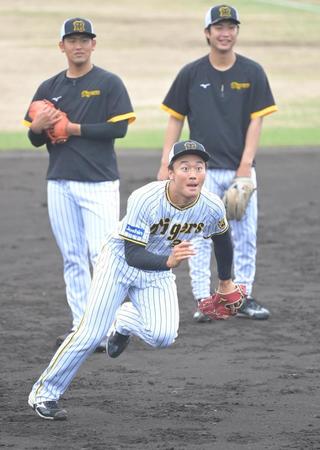 試合前、ノックの打球を追う森木大智（手前）＝撮影・高部洋祐