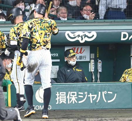 　４回、トリプルプレーにベンチでぼう然とする矢野監督（撮影・飯室逸平）