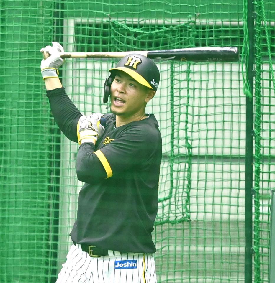 　打撃練習する佐藤輝（撮影・飯室逸平）