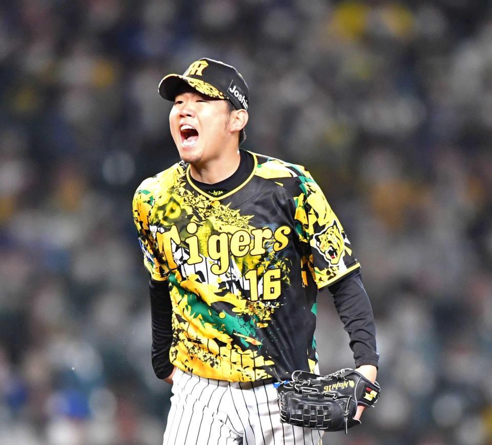 　５回、鵜飼を三振に仕留めほえる西勇（撮影・吉澤敬太）