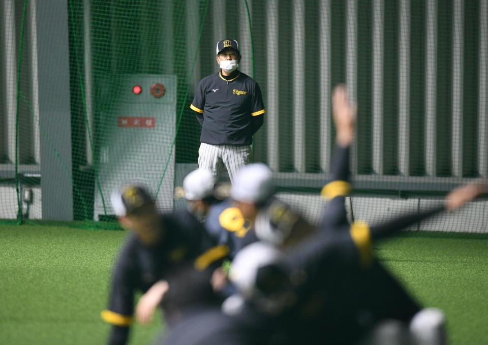 　練習を見守る平田２軍監督（撮影・石井剣太郎）