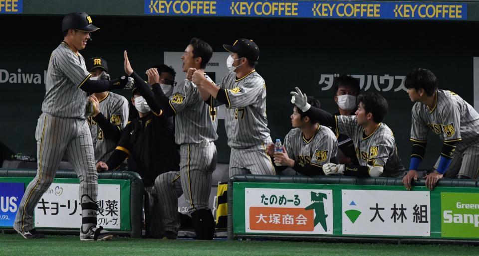 　８回、左越えにソロを放ちベンチ前でナインに出迎えられる大山（撮影・佐々木彰尚）
