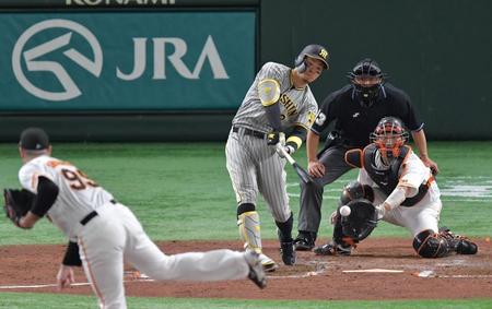 　４回、佐藤輝は空振り三振に倒れる（撮影・佐々木彰尚）