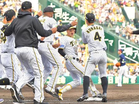 　９回、サヨナラの押し出しを選び、ナインに祝福される山本（撮影・吉澤敬太）
