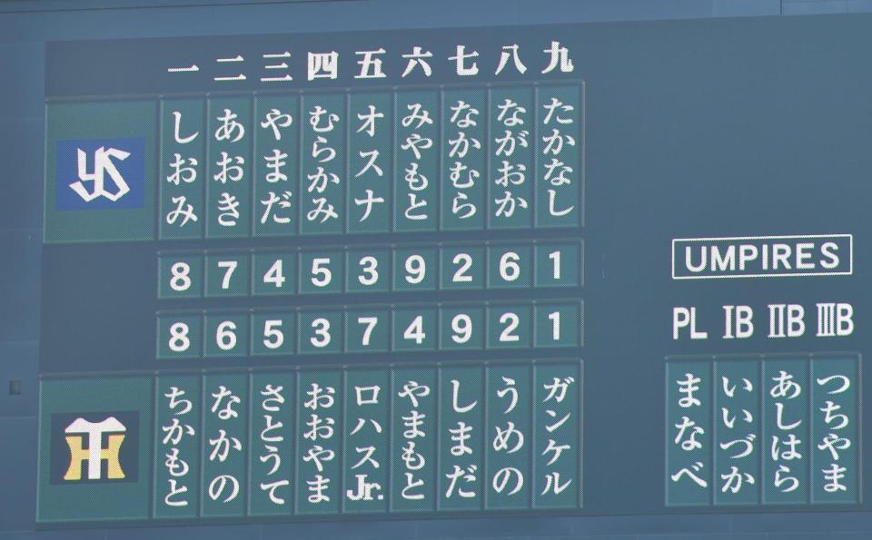 　ひらがな表記で告知される阪神対ヤクルト０９戦のスタメン（撮影・吉澤敬太）