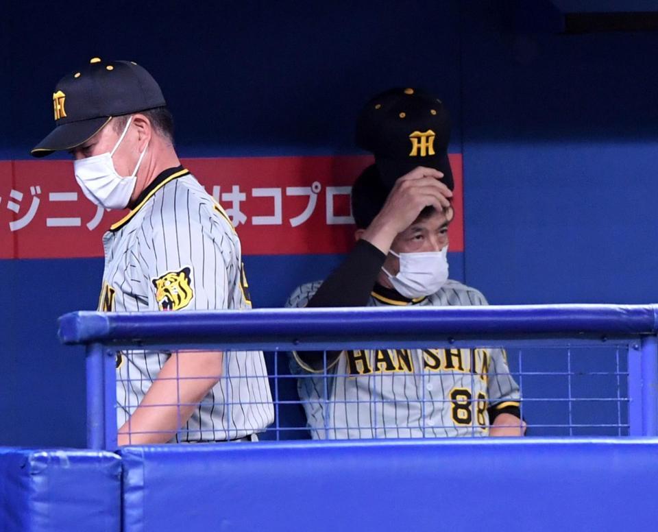 　６回を終え、先発の大野雄から安打が出ず、矢野監督（右）はベンチで渋い表情を見せる（撮影・山口登）