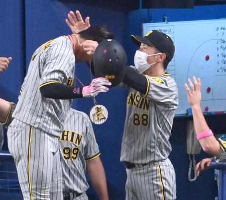 　７回、同点２ランを放った大山にメダルをかける矢野監督（撮影・田中太一）