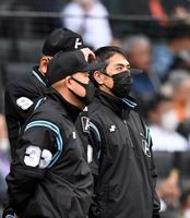 ベンチ前に整列する白井塁審（右）＝撮影・山口登