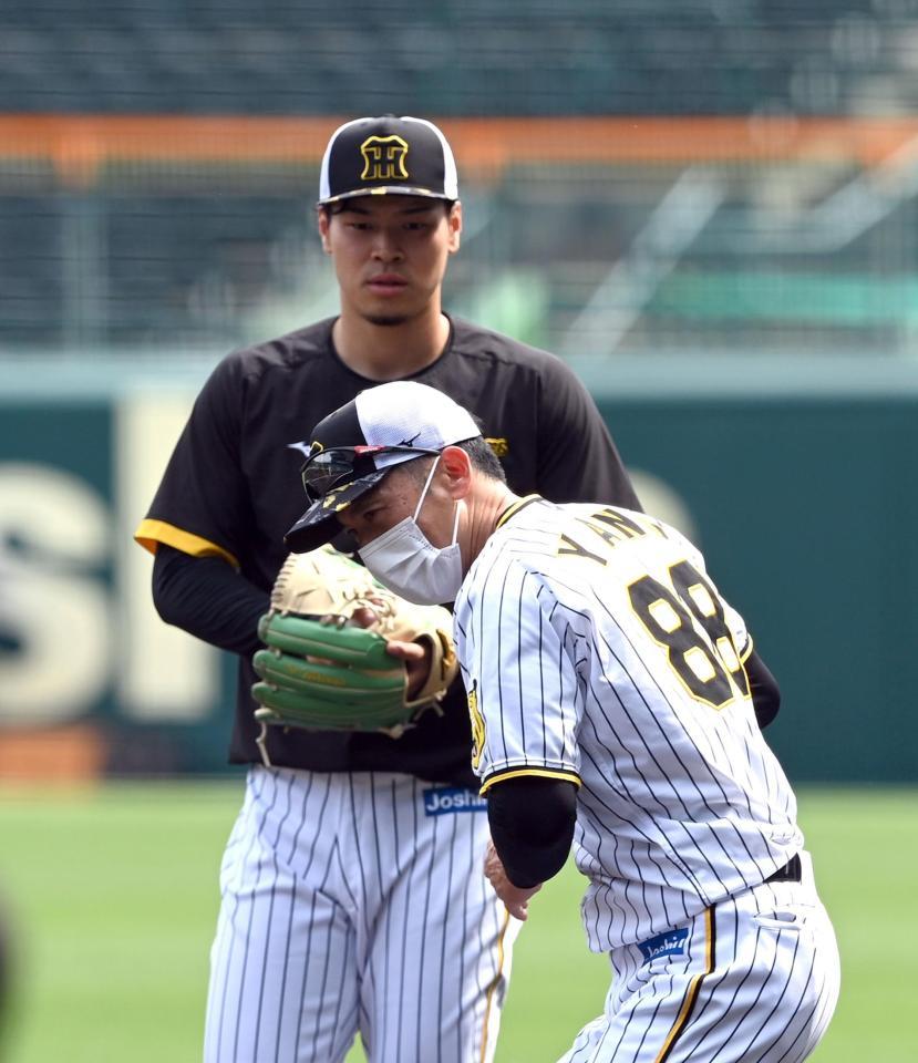 阪神・矢野燿大監督（手前）は阪神・佐藤輝明にアドバイスする＝甲子園（撮影・山口登