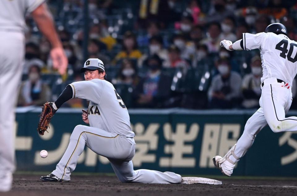 延長１２回、陽川は中野の悪送球を捕れず（撮影・田中太一）