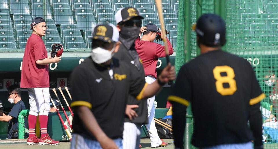 　グラウンドに姿を見せる田中将（左端）＝撮影・飯室逸平