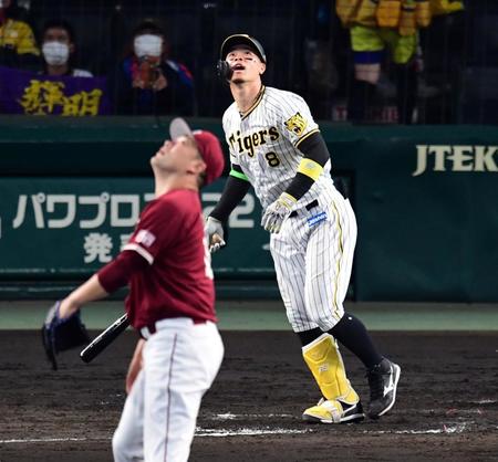 　４回、佐藤輝は中飛に倒れる（撮影・山口登）