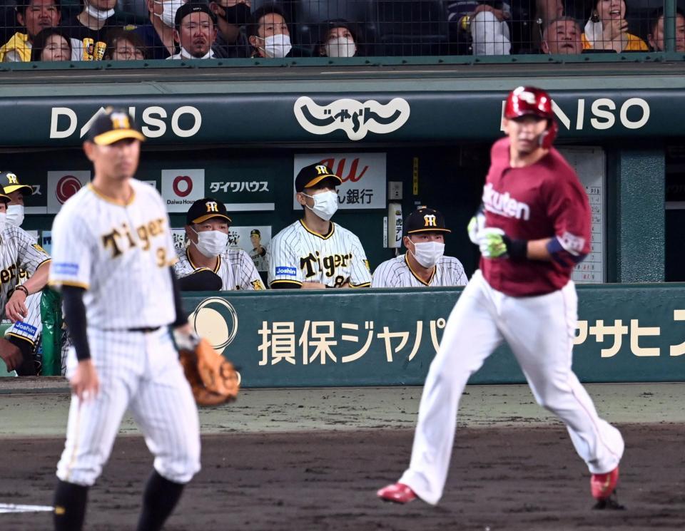 　５回、浅村に２ランを打たれ、ベンチの矢野監督（中央）は厳しい表情を見せる（撮影・山口登）