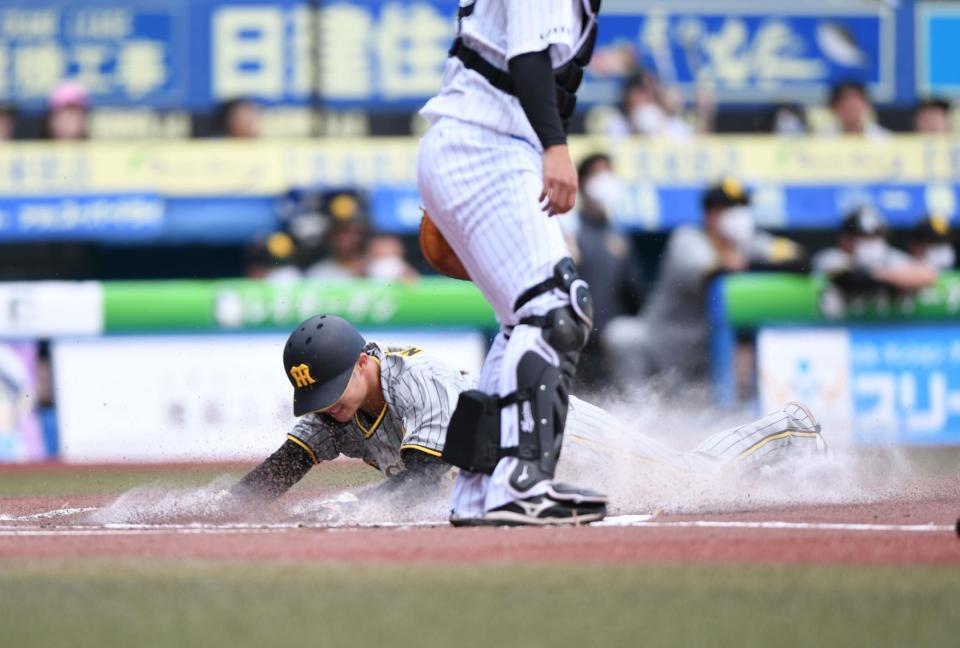 　１回、佐藤輝の中犠飛で三塁からヘッドスライディングで生還した中野（撮影・開出牧）