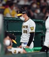 ８回、阪神・矢野燿大監督は選手交代を告げベンチに戻る＝甲子園（撮影・山口登）