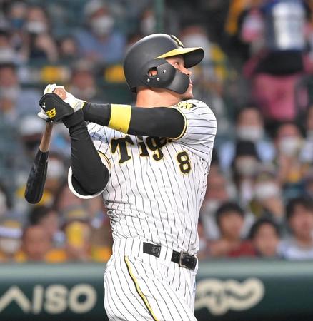 ３回、左前に適時打を放つ佐藤輝（撮影・高部洋祐）