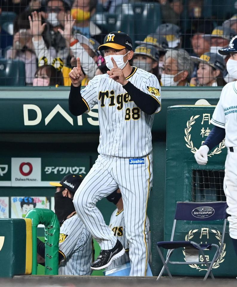 ７回、リクエストする矢野監督（撮影・飯室逸平）