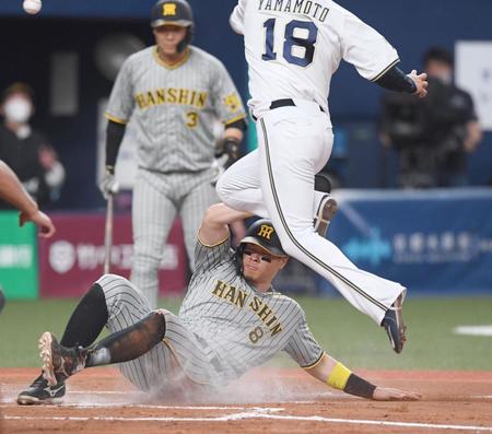 　８回、同点の本塁を踏む佐藤輝（撮影・田中太一）