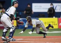 　１１回、一気に本塁へヘッドスライディングし生還する熊谷（撮影・田中太一）