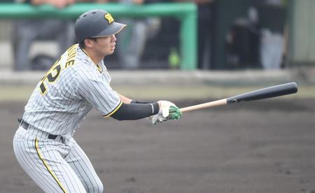 １回表阪神、２死一塁、２ランを放つ阪神・井上広大＝萩谷総合公園野球場（撮影・石井剣太郎）