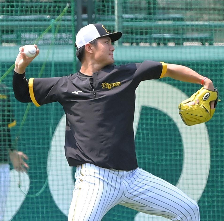 試合前、キャッチボールする西純（撮影・高部洋祐）