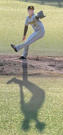 　強烈な西日を浴びながら力投する村上（撮影・高部洋祐）