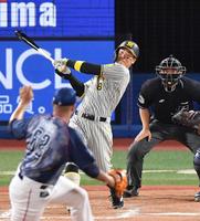 　７回、エスコバー（手前）から右越えに同点ソロを放つ佐藤輝（撮影・佐々木彰尚）