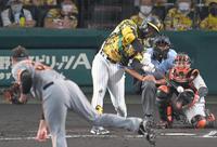 　７回、シューメーカー（左）からソロを放つロハス（撮影・高部洋祐）