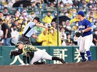 　２回、糸原は陽川の右飛で本塁を狙うも三塁に帰塁できずアウトになる（撮影・山口登）