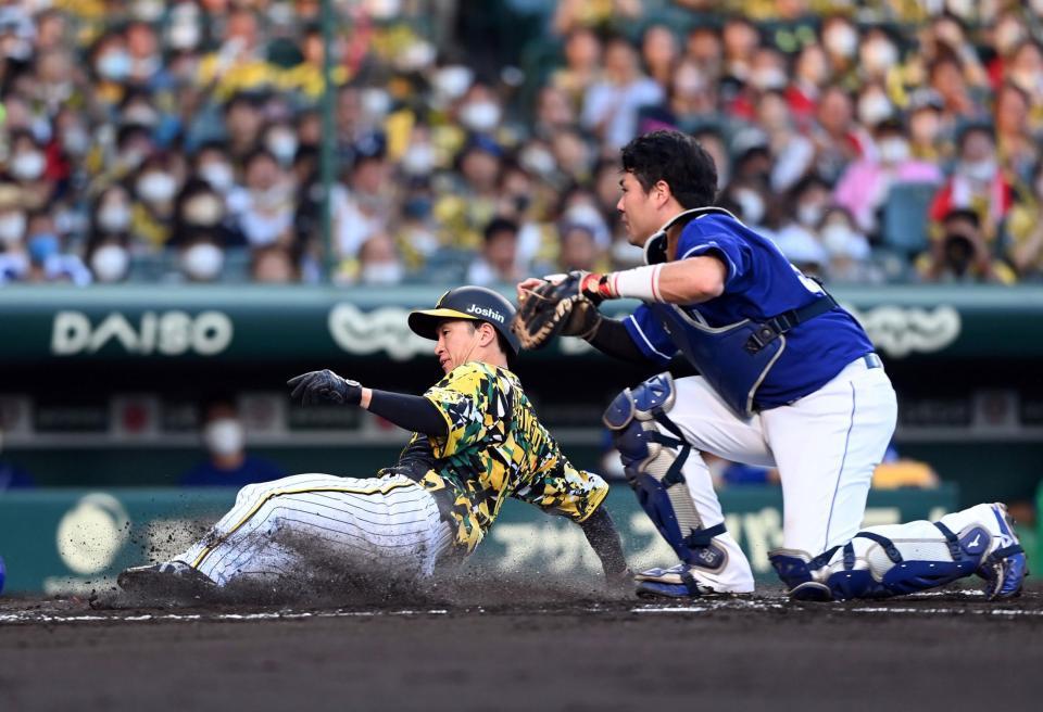 １回、近本は本塁へ盗塁を決める（撮影・山口登）