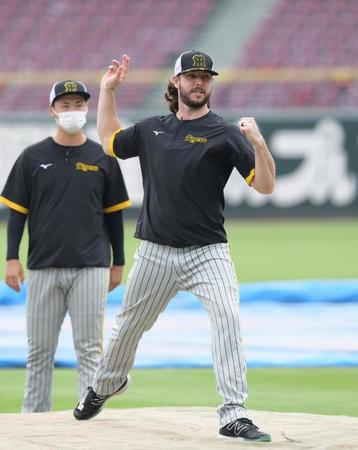 　マウンドの感触を確かめるウィルカーソン（撮影・立川洋一郎）