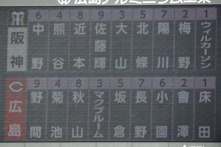 　広島対阪神戦のスターティングメンバー（撮影・立川洋一郎）