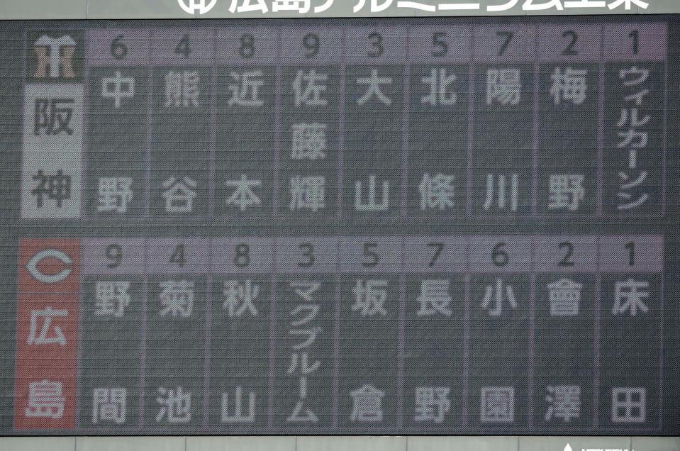 　広島対阪神戦のスターティングメンバー（撮影・立川洋一郎）