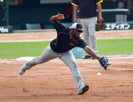 　一塁でノックうを受けるロハス（撮影・山口登）