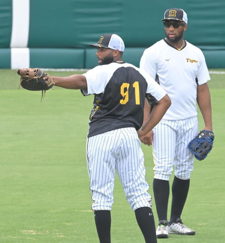 　試合前、ロハス（右）と共に球場の雰囲気をチェックするロドリゲス（撮影・高部洋祐）