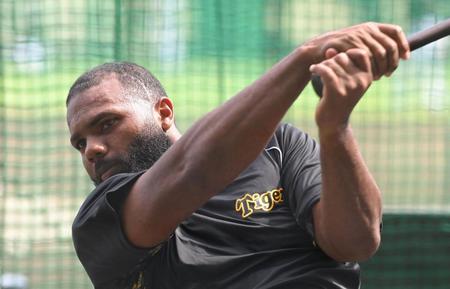 　試合前、打撃練習に励むロドリゲス（撮影・高部洋祐）