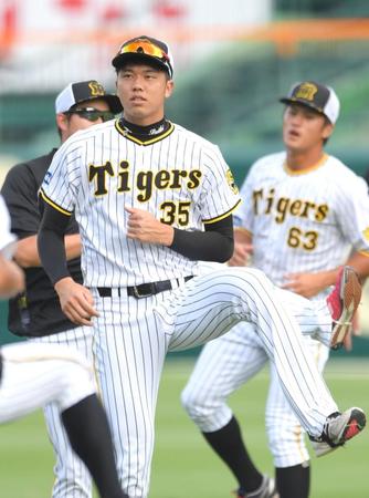 　ウオーミングアップする才木（撮影・北村雅宏）