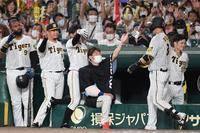 　８回、ソロを放った大山を迎える西勇ら阪神ベンチ（撮影・田中太一）