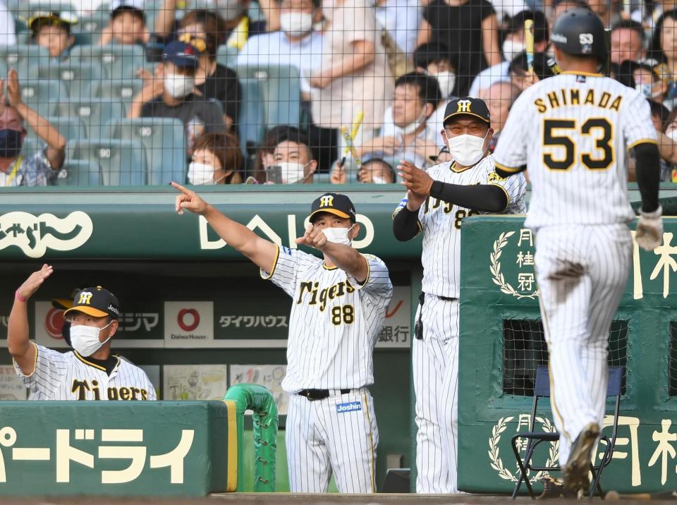 　１回、生還した島田（右手前）を迎える矢野監督（中央）＝撮影・田中太一