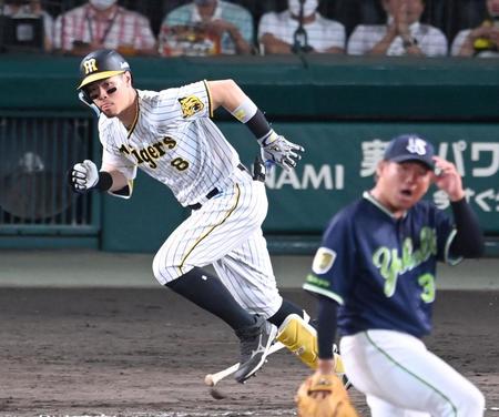 　６回、中前打を放つ佐藤輝（撮影・飯室逸平）